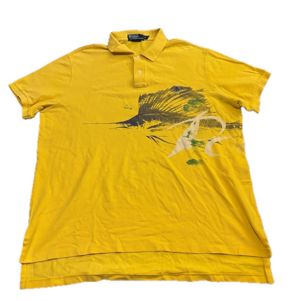 Polo Ralph Lauren Mens XL Yellow Marlin Sailfish Graphic Custom Fit Polo Shirt